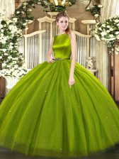 Attractive Olive Green Ball Gowns Tulle Scoop Sleeveless Belt Floor Length Clasp Handle Ball Gown Prom Dress