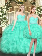  Turquoise Tulle Lace Up Sweetheart Sleeveless Floor Length Sweet 16 Dresses Ruffles