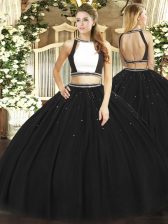 Cute Black Two Pieces Halter Top Sleeveless Tulle Floor Length Backless Ruching Quinceanera Dresses