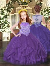  Floor Length Purple Girls Pageant Dresses Tulle Sleeveless Beading and Ruffles