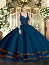 High Class Navy Blue A-line Tulle V-neck Sleeveless Beading and Ruffled Layers Floor Length Zipper Ball Gown Prom Dress