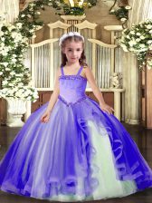  Straps Sleeveless Little Girls Pageant Dress Floor Length Appliques Lavender Tulle