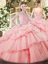Elegant Baby Pink Bateau Neckline Beading and Ruffles and Pick Ups Quinceanera Gown Sleeveless Zipper