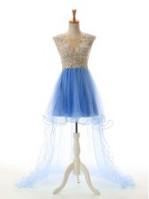 Pretty Baby Blue Tulle Backless Scoop Sleeveless High Low Prom Dresses Appliques