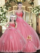 Stunning Watermelon Red Quinceanera Dresses Military Ball and Sweet 16 and Quinceanera with Beading Sweetheart Sleeveless Lace Up