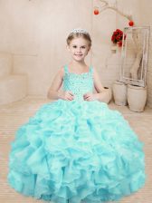 Fashion Aqua Blue Sleeveless Floor Length Beading and Ruffles Lace Up Little Girls Pageant Dress Wholesale