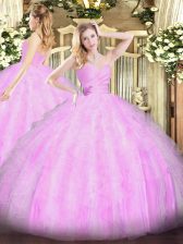 Adorable Organza Sweetheart Sleeveless Lace Up Beading and Ruffles Sweet 16 Dress in Lilac