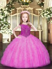  Rose Pink Ball Gowns Scoop Sleeveless Organza Floor Length Zipper Beading and Ruffles Pageant Dress Womens