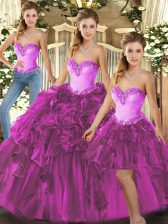 Romantic Fuchsia Three Pieces Organza Sweetheart Sleeveless Beading and Ruffles Floor Length Lace Up Vestidos de Quinceanera