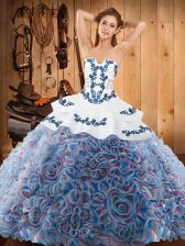New Arrival Multi-color Satin and Fabric With Rolling Flowers Lace Up Strapless Sleeveless With Train 15th Birthday Dress Sweep Train Embroidery