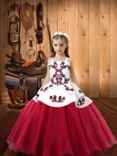  Coral Red Ball Gowns Organza Straps Sleeveless Embroidery Floor Length Lace Up Little Girl Pageant Dress