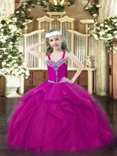 Most Popular Fuchsia Pageant Dress for Girls Party and Quinceanera with Beading and Ruffles Straps Sleeveless Lace Up