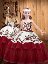  Straps Sleeveless Little Girls Pageant Dress Wholesale Floor Length Embroidery Wine Red Organza