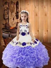 Excellent Lavender Fabric With Rolling Flowers Lace Up Straps Sleeveless Floor Length Kids Pageant Dress Embroidery and Ruffles