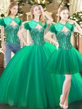  Green Ball Gowns Sweetheart Sleeveless Tulle Floor Length Lace Up Beading Quinceanera Dress