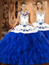 Excellent Floor Length Blue And White Sweet 16 Quinceanera Dress Halter Top Sleeveless Lace Up