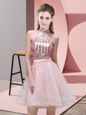 Fitting Pink Backless Halter Top Sequins Dama Dress Chiffon Sleeveless