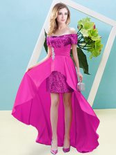  Fuchsia Empire Beading Dress for Prom Lace Up Elastic Woven Satin and Sequined Short Sleeves High Low