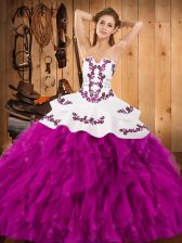 Pretty Fuchsia Strapless Lace Up Embroidery and Ruffles Sweet 16 Quinceanera Dress Sleeveless