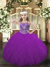  Sleeveless Tulle Floor Length Lace Up Little Girls Pageant Gowns in Purple with Beading and Ruffles