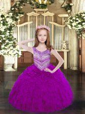 Wonderful Fuchsia Sleeveless Organza Lace Up Little Girls Pageant Dress for Party and Quinceanera
