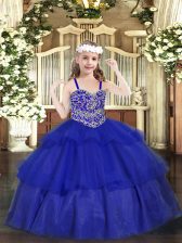  Sleeveless Floor Length Beading and Ruffled Layers Lace Up Pageant Dress Toddler with Royal Blue