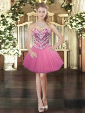  Rose Pink Ball Gowns Tulle Sweetheart Sleeveless Beading Mini Length Lace Up Prom Evening Gown