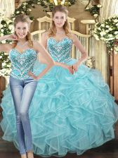Admirable Baby Blue Ball Gowns Tulle Sweetheart Sleeveless Beading and Ruffles Floor Length Lace Up Quinceanera Dresses