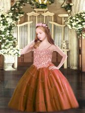 Beauteous Floor Length Rust Red Pageant Dress for Teens Tulle Sleeveless Appliques