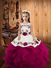  Fuchsia Sleeveless Floor Length Embroidery and Ruffles Lace Up Little Girls Pageant Dress Wholesale