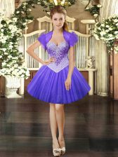 Stylish Lavender Ball Gowns Beading Prom Party Dress Lace Up Tulle Sleeveless Mini Length