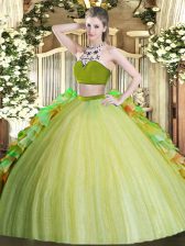 Stylish Olive Green Tulle Backless High-neck Sleeveless Floor Length Quince Ball Gowns Beading and Ruffles