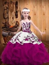  Fuchsia Organza Lace Up High School Pageant Dress Sleeveless Floor Length Embroidery and Ruffles
