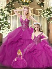 Gorgeous Fuchsia Ball Gowns Beading and Ruffles Ball Gown Prom Dress Lace Up Organza Sleeveless Floor Length