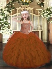  Rust Red Straps Neckline Beading and Ruffles Girls Pageant Dresses Sleeveless Lace Up