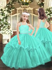  Turquoise Ball Gowns Beading and Lace Little Girls Pageant Gowns Zipper Organza Sleeveless Floor Length