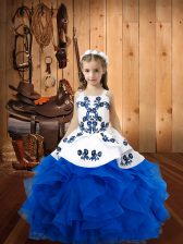  Blue Lace Up Little Girls Pageant Gowns Embroidery and Ruffles Sleeveless Floor Length