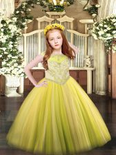 Stylish Sleeveless Tulle Floor Length Zipper Little Girl Pageant Dress in Yellow with Beading