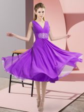 Admirable Knee Length Side Zipper Quinceanera Dama Dress Purple for Prom and Party and Wedding Party with Beading