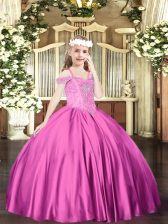 Eye-catching Fuchsia Satin Lace Up Little Girl Pageant Gowns Sleeveless Floor Length Beading