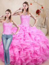  Rose Pink Sleeveless Organza Lace Up Vestidos de Quinceanera for Sweet 16 and Quinceanera
