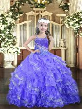 Amazing Lavender Little Girls Pageant Gowns Party and Quinceanera with Beading and Ruffled Layers Straps Sleeveless Lace Up