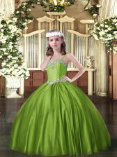 Exquisite Floor Length Olive Green Little Girl Pageant Gowns Satin Sleeveless Beading