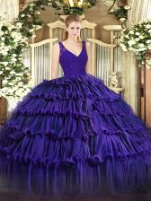  V-neck Sleeveless Organza Quinceanera Gown Beading and Lace and Ruffled Layers Backless