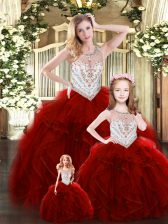 Most Popular Sleeveless Floor Length Beading and Ruffles Lace Up Sweet 16 Dress with Wine Red