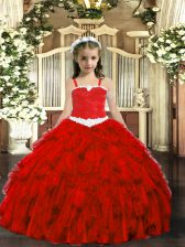 Customized Sleeveless Lace Up Floor Length Appliques and Ruffles Little Girls Pageant Gowns