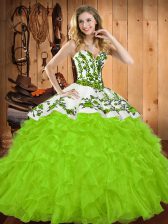 Flirting Sweetheart Sleeveless Satin and Organza Quinceanera Dress Embroidery and Ruffles Lace Up