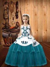  Sleeveless Floor Length Embroidery Lace Up Kids Formal Wear with Teal 