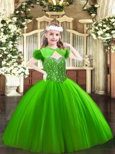  Sleeveless Floor Length Beading Lace Up Little Girl Pageant Gowns with Green
