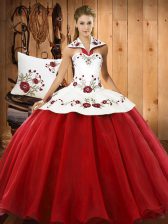 Edgy Floor Length Wine Red Quinceanera Dresses Halter Top Sleeveless Lace Up